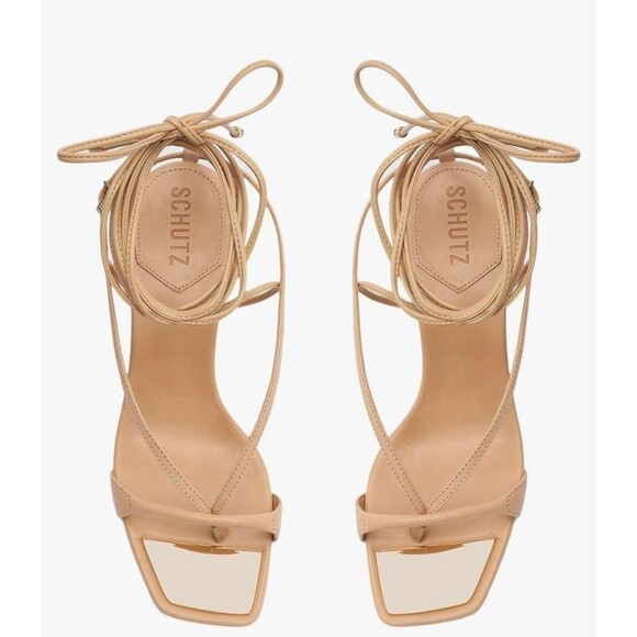 SCHUTZ Shoes - New SCHUTZ Beige Vikki Lace Up Square Thong Toe Stiletto Sandals Brazil US 9.5B
